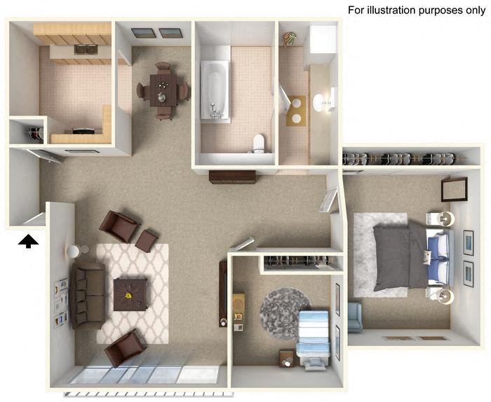 Floor plan for 2 beds, 1 bath, 985 sqft